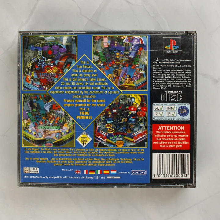 True Pinball PlayStation játék hátoldali borítója leírásokkal és képernyőképekkel