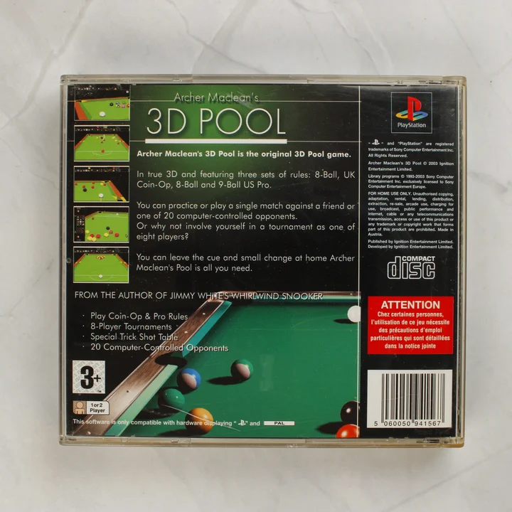 Archer Maclean's 3D Pool PlayStation játék tokja hátulról