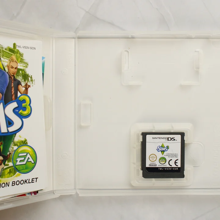 The Sims 3 Nintendo DS nyitott tok a cartridge-dzsel és az útmutatóval