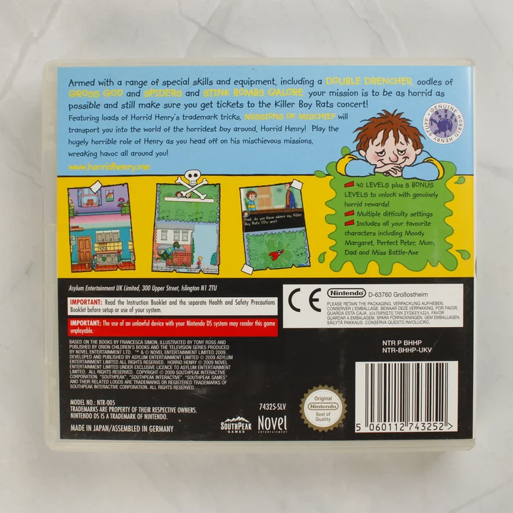 Horrid Henry: Missions of Mischief Nintendo DS játék tokjának hátoldala