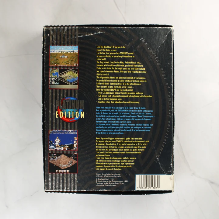 Realms Amiga doboz hátnézet A Realms videójáték dobozának hátoldala leírásokkal és képekkel