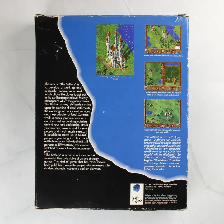 The Settlers Amiga doboz hátnézet The Settlers Amiga játék dobozának hátoldala leírással és képekkel