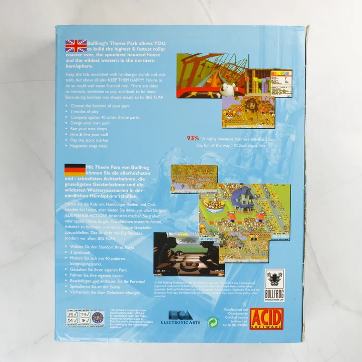 A Theme Park videójáték dobozának hátoldala leírásokkal és képernyőmentésekkel