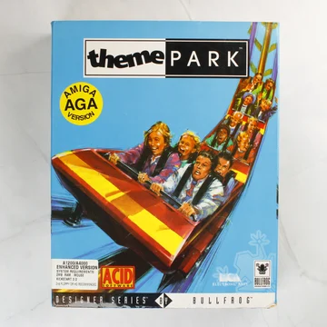 A Theme Park videójáték Amiga AGA verziójának színes kartondoboza