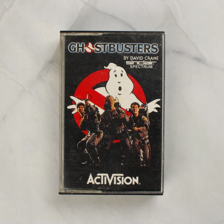 Ghostbusters Sinclair Spectrum videójáték kazetta tokban, elölnézetből.