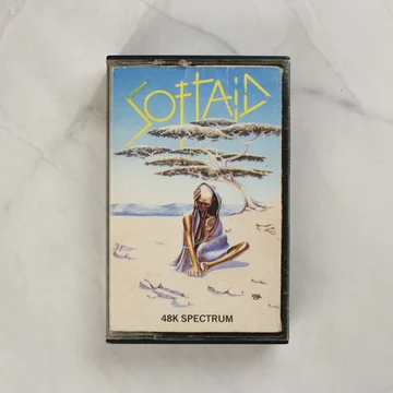 Soft Aid ZX Spectrum játék kazetta borítója sivatagi grafikával