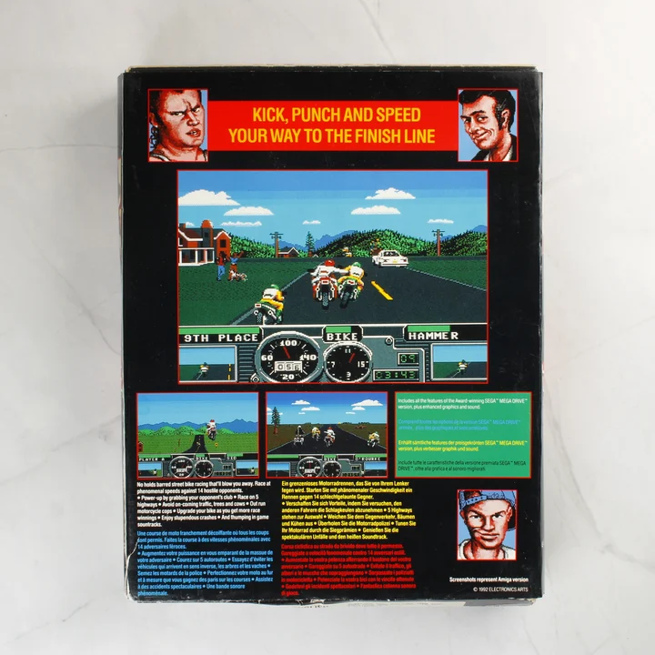 Road Rash Amiga játék dobozának hátoldala leírással és képekkel
