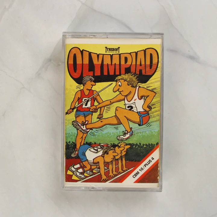 Olympiad videójáték kazetta tokban, színes sportolós borítóval