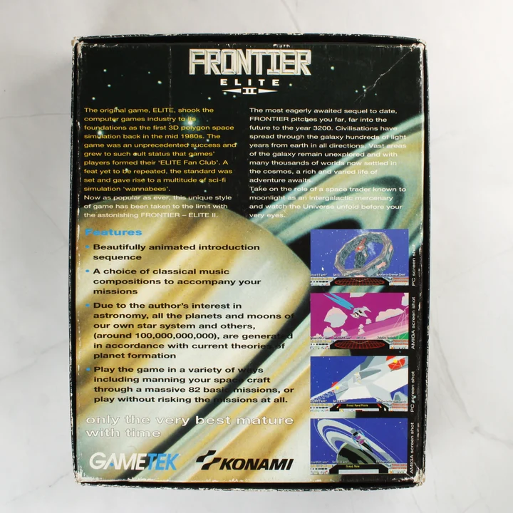 A Frontier: Elite II videójáték dobozának hátoldala leírással és képekkel