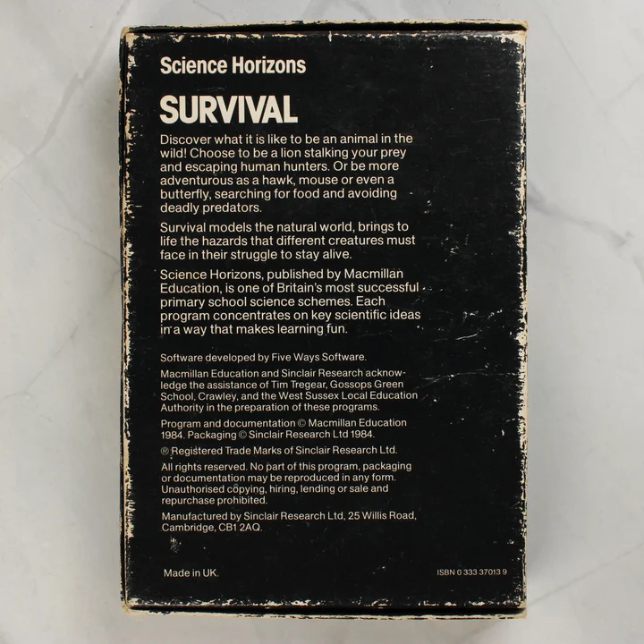 Science Horizons Survival ZX Spectrum játék dobozának hátoldala