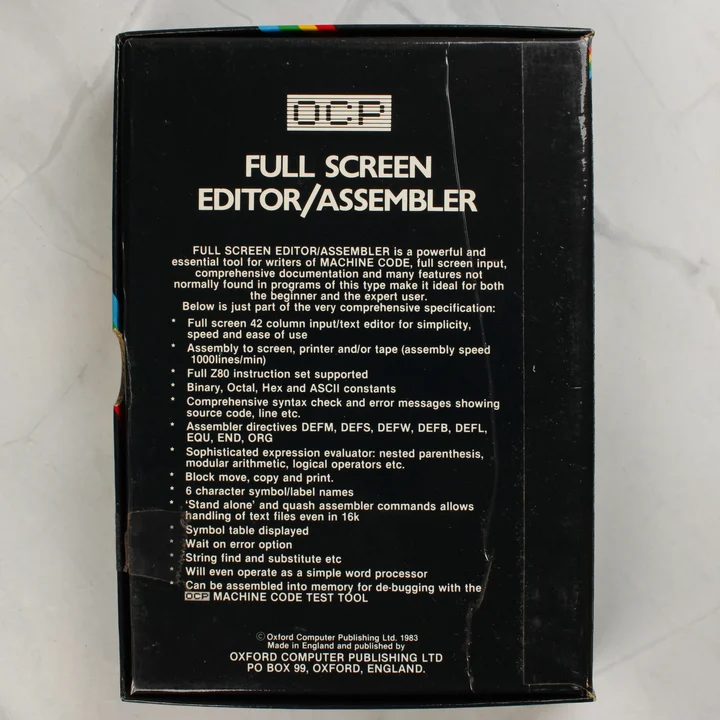 OCP Full Screen Editor/Assembler szoftver dobozának hátoldala a leírással