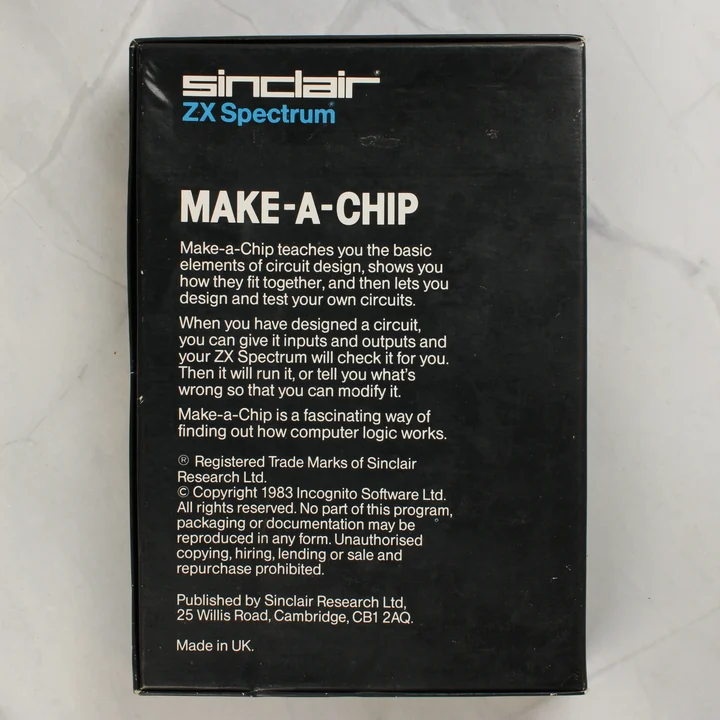Sinclair ZX Spectrum Make-A-Chip szoftver dobozának hátoldala leírással