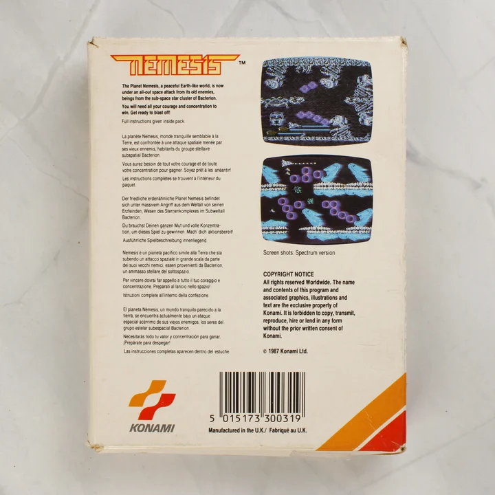 Nemesis Commodore 64 videójáték dobozának hátoldala