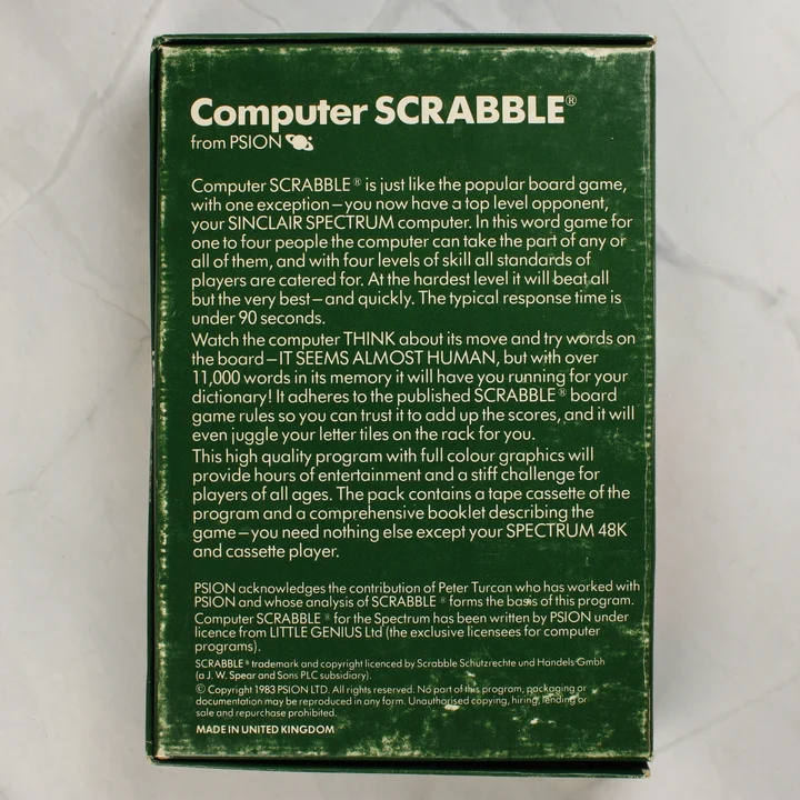 Sinclair ZX Spectrum Computer Scrabble játék dobozának hátoldala