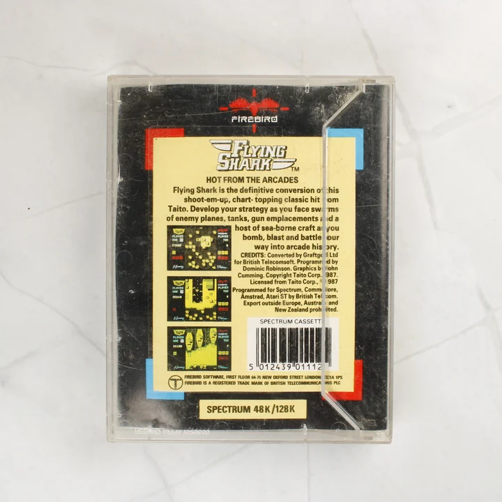 Flying Shark ZX Spectrum hátlap Flying Shark ZX Spectrum játék kazetta tokban hátulnézetből