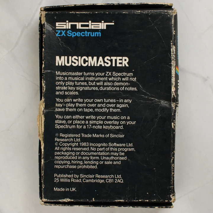 Sinclair ZX Spectrum Musicmaster doboz hátoldala leírással