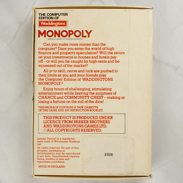 Monopoly ZX Spectrum doboz hátoldal A Monopoly videójáték dobozának hátoldala angol nyelvű leírással