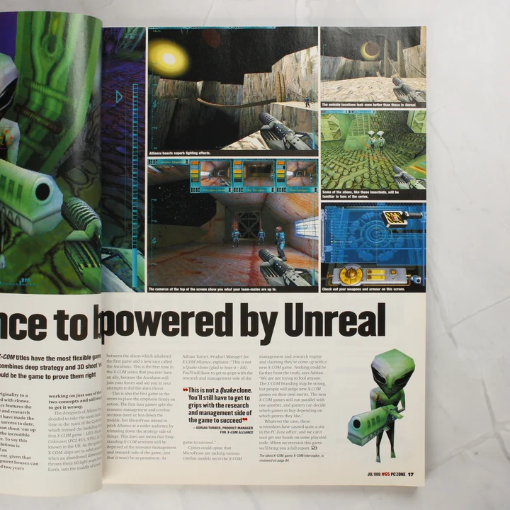 Belső oldalpár a PC Zone magazinból az X-COM Alliance játékról