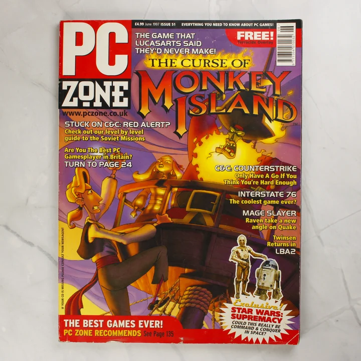 A PC Zone magazin 1997. júniusi számának címlapja a Monkey Island grafikájával.