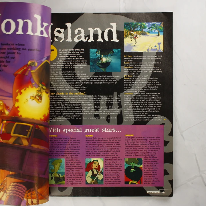 A PC Zone magazin belső oldala a The Curse of Monkey Island ismertetőjével.