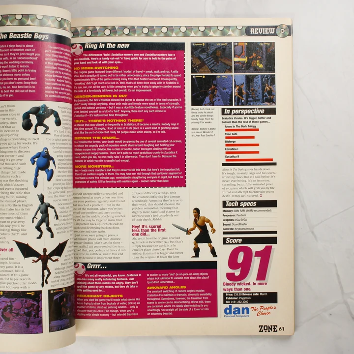 A PC Zone magazin belső oldala az Ecstatica II játék értékelésével.