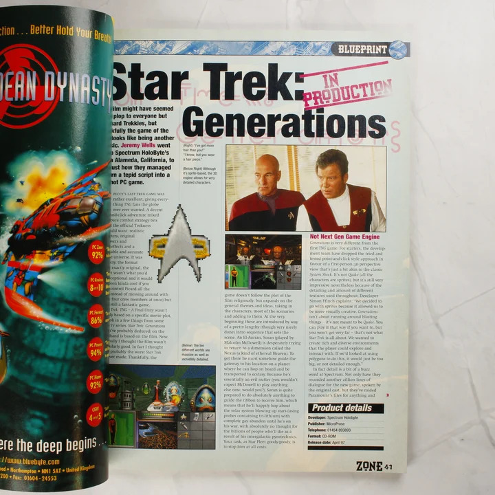 A PC Zone magazin belső oldala a Star Trek: Generations játék ismertetőjével.
