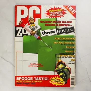 A PC Zone magazin 1997. áprilisi számának címlapja a Theme Hospital játék grafikájával.