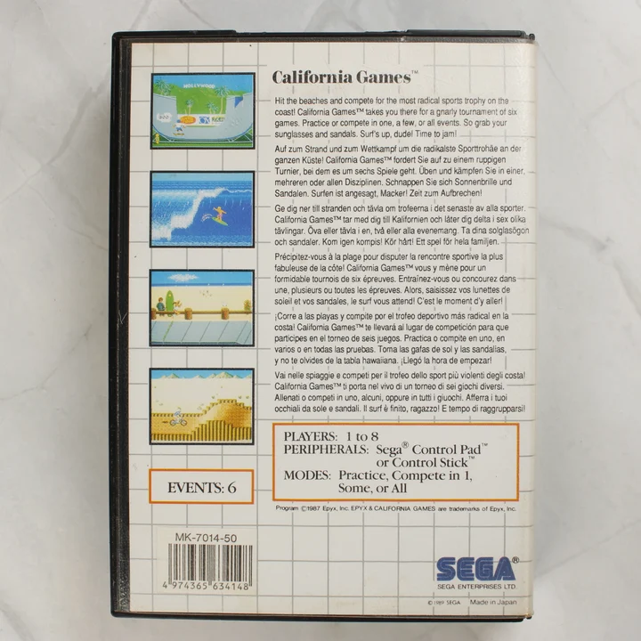 A California Games videójáték tokjának hátoldala többnyelvű leírással.