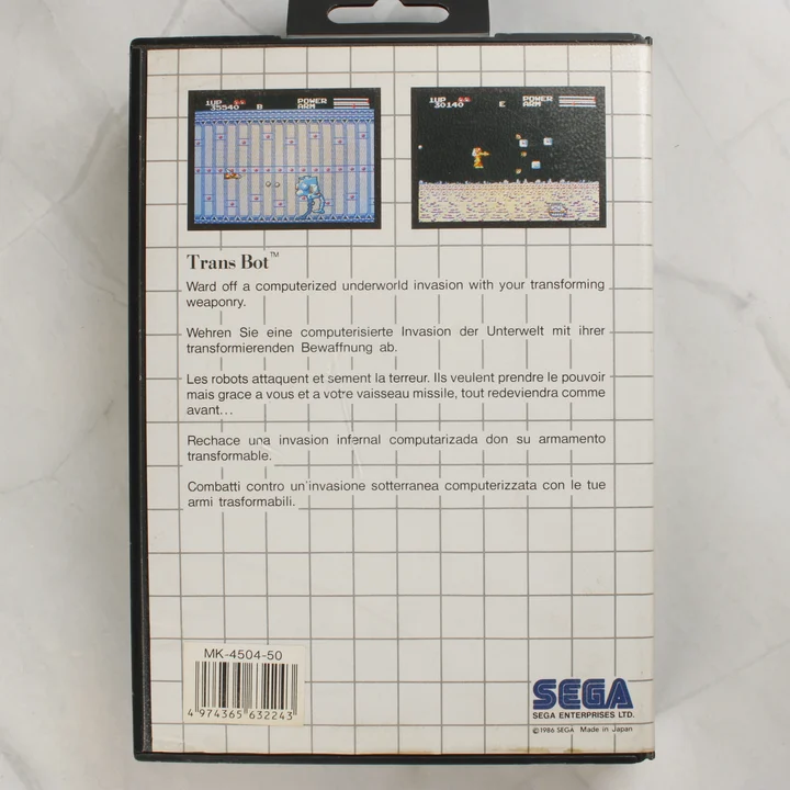 TransBot Sega Master System játék dobozának hátoldala