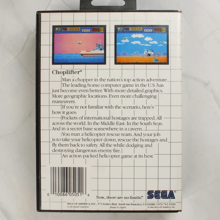 Choplifter Sega Master System játék dobozának hátoldala