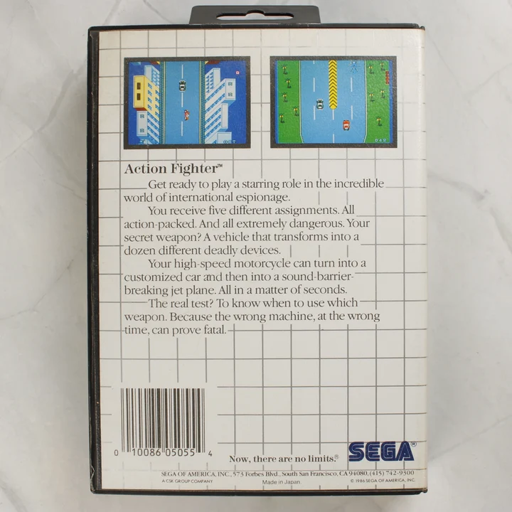 Action Fighter Sega Master System játék dobozának hátoldala