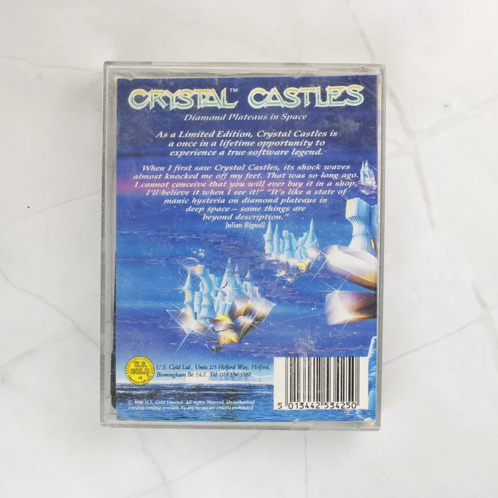 Crystal Castles Amstrad videójáték kazetta tokban hátulnézetből