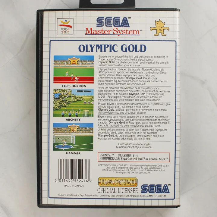 Olympic Gold Sega Master System játék dobozának hátlapja