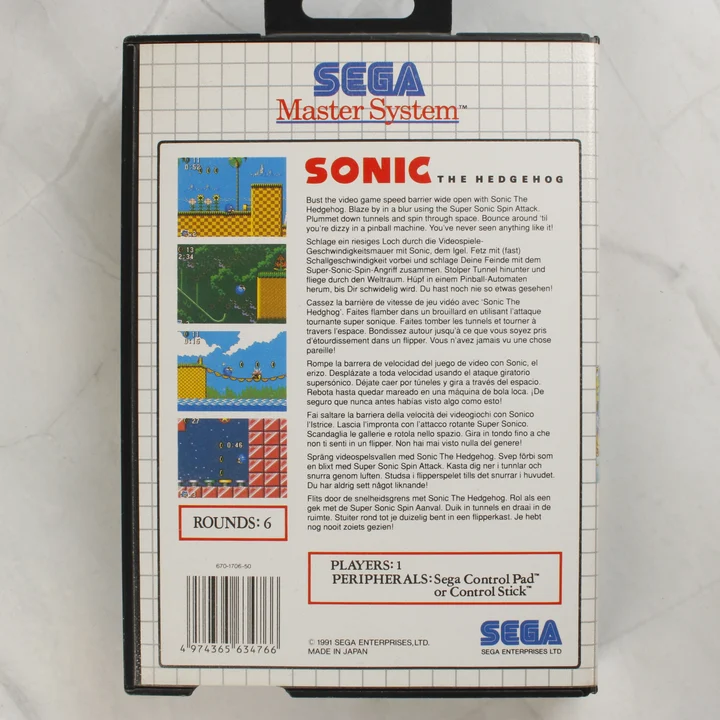 Sonic The Hedgehog Sega Master System játék dobozának hátoldala