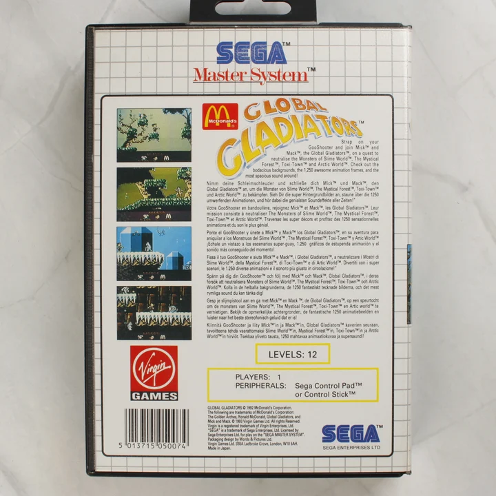Global Gladiators Sega Master System játék dobozának hátlapja