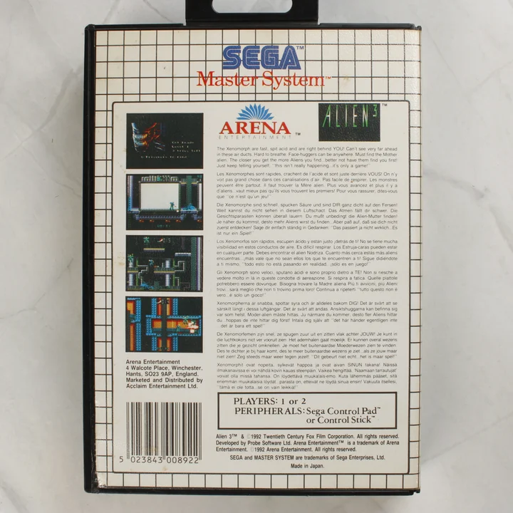 Alien 3 Sega Master System játék dobozának hátoldala