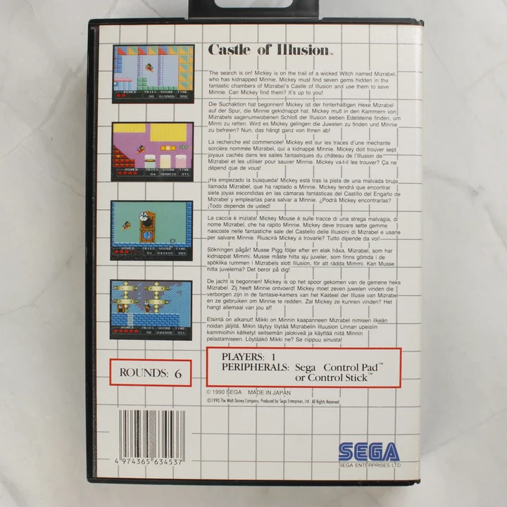 Castle of Illusion Starring Mickey Mouse Sega Master System játék dobozának hátoldala