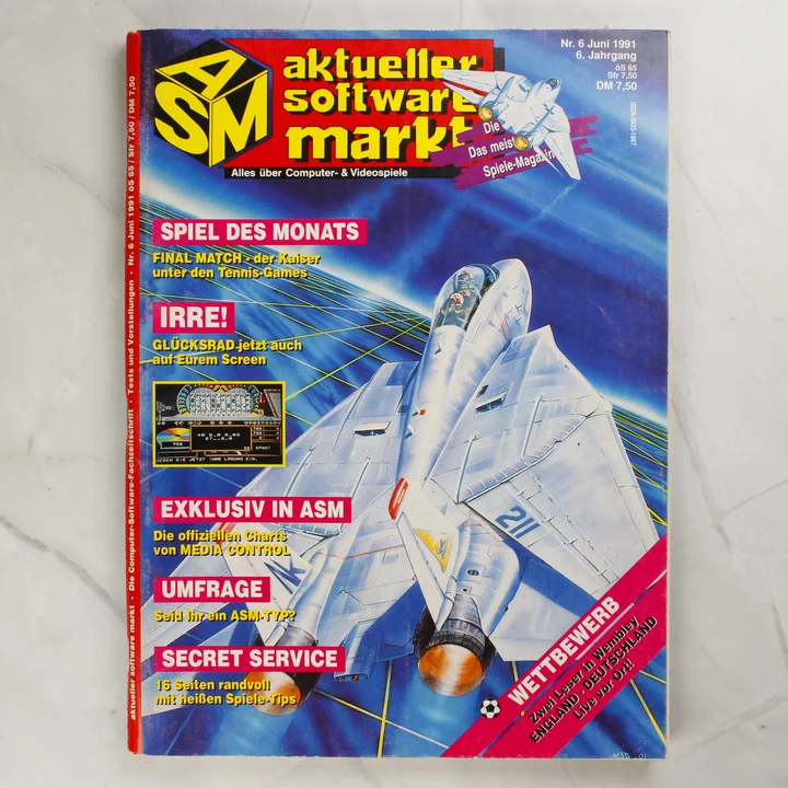 Az Aktueller Software Markt magazin 1991. júniusi számának borítója egy vadászgéppel.