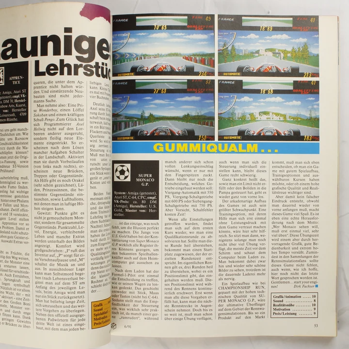 A Super Monaco G.P. videójáték tesztje az ASM magazinban színes képernyőmentésekkel.