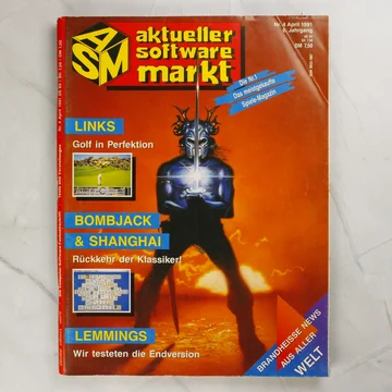 Az Aktueller Software Markt magazin 1991. áprilisi számának borítója egy kék harcossal.