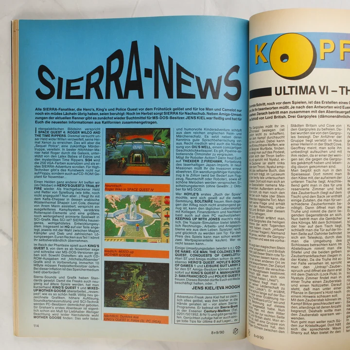 Az ASM magazin belső oldalpárja Sierra-News címmel és videójáték képernyőképekkel.