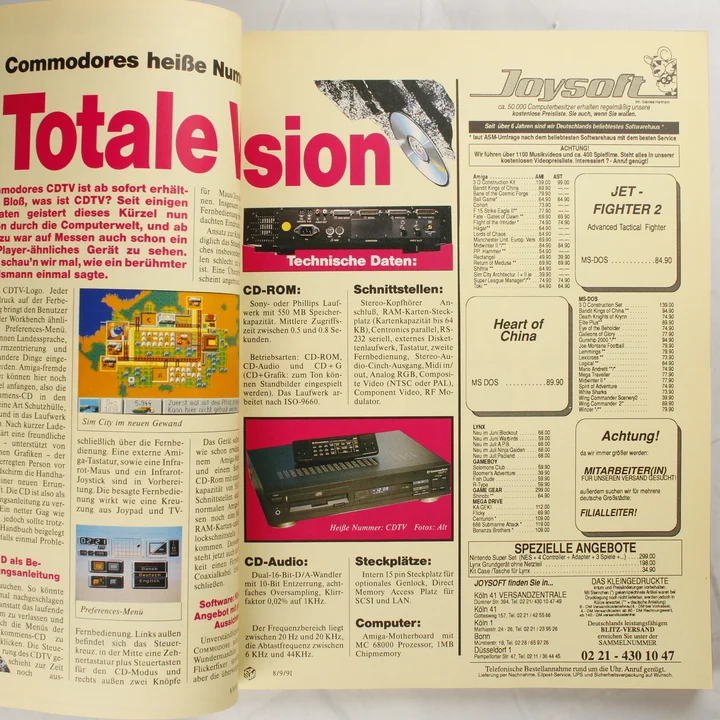 A magazin belső oldala a Commodore CDTV technikai adataival és hirdetésekkel.