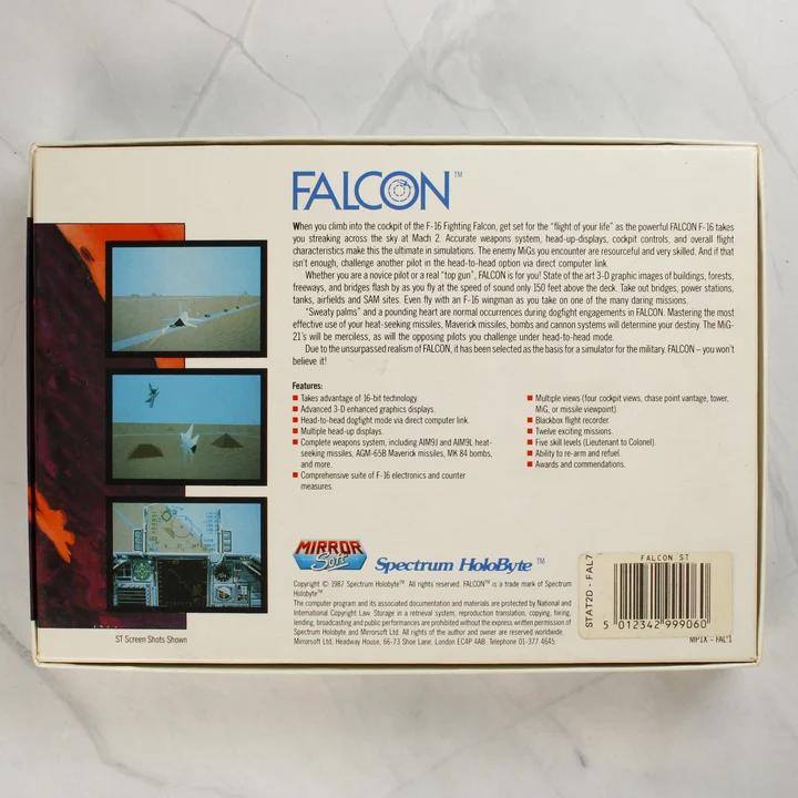 A Falcon videójáték dobozának hátoldala leírással és képernyőmentésekkel
