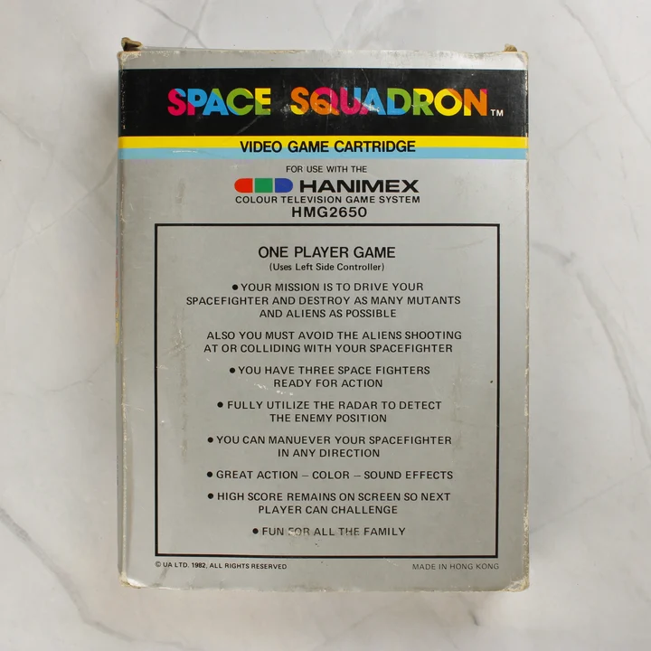 Space Squadron videójáték dobozának hátoldala