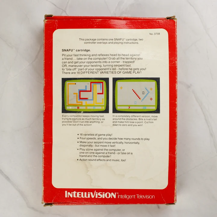 SNAFU Intellivision videójáték dobozának hátoldala