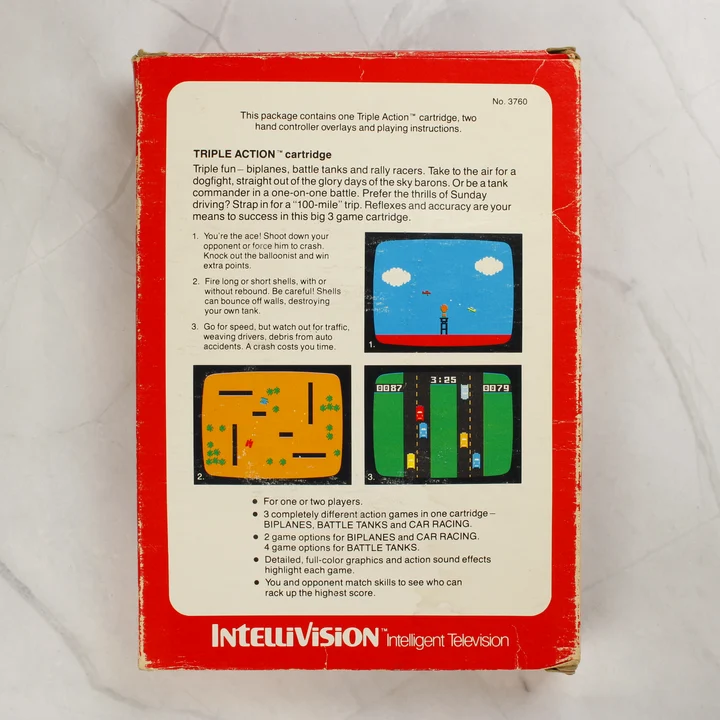 Triple Action Intellivision játék dobozának hátoldala