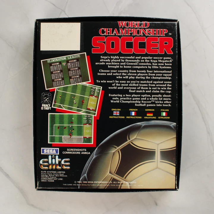 World Championship Soccer Amiga játék dobozának hátoldala