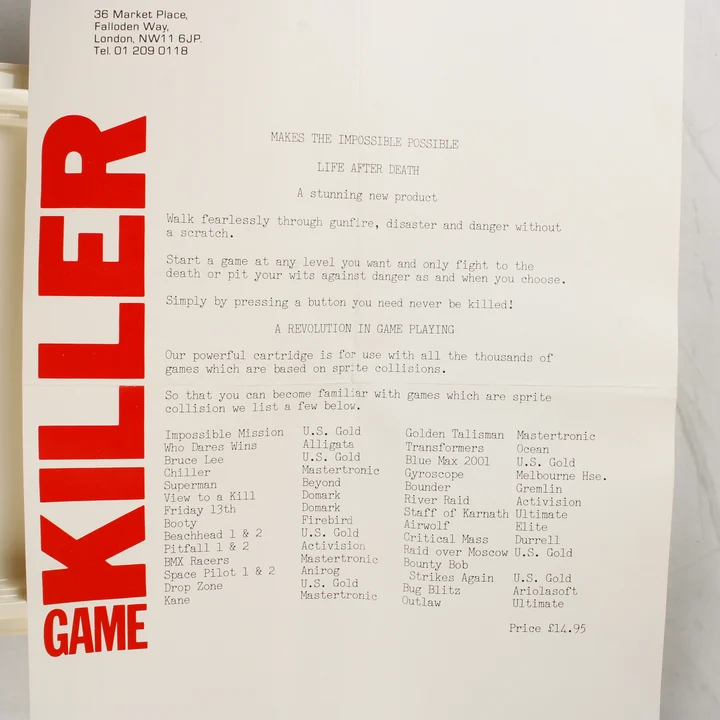 A Robtek Game Killer mellékelt információs lapja a támogatott játékok listájával.