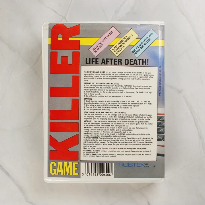 A Robtek Game Killer tokjának hátoldala a használati utasítással és vonalkóddal.