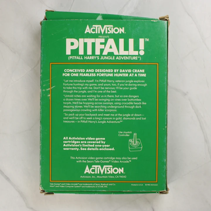 A Pitfall! videójáték dobozának hátoldala a leírással